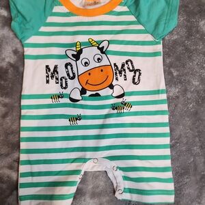 Striped Cow Graphic Baby Romper - Mint & White with Orange Accents